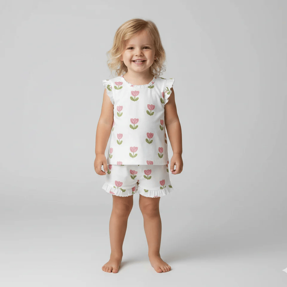 Printed Short-Sleeve Pajama Set for Girls