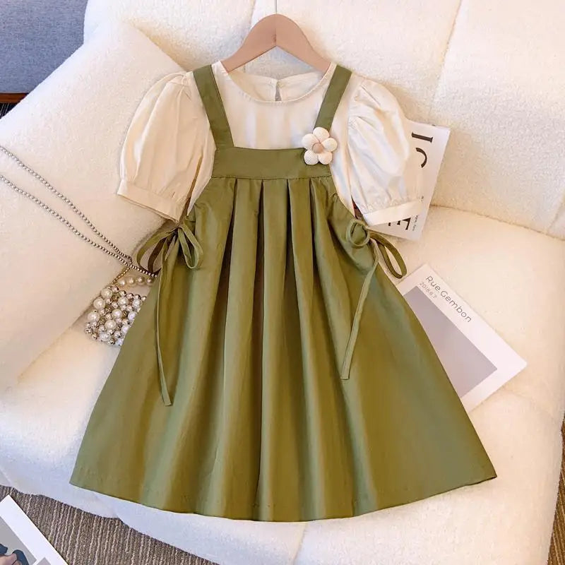 Green / 2T Puff Sleeve Top & Suspender Skirt