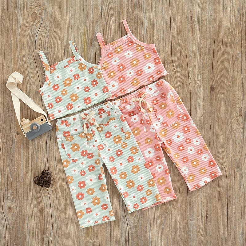 Ribbed Floral Print Sleeveless Tanks