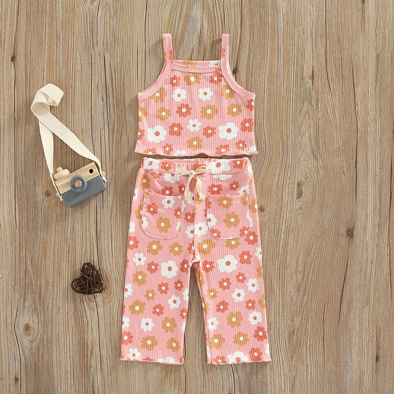 Ribbed Floral Print Sleeveless Tanks