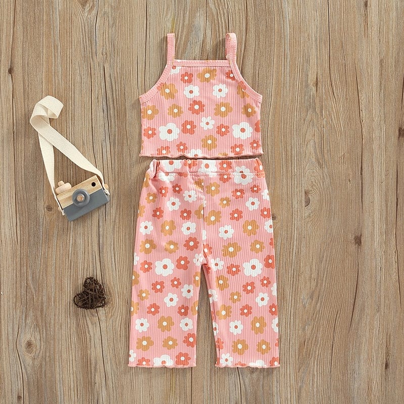 Ribbed Floral Print Sleeveless Tanks