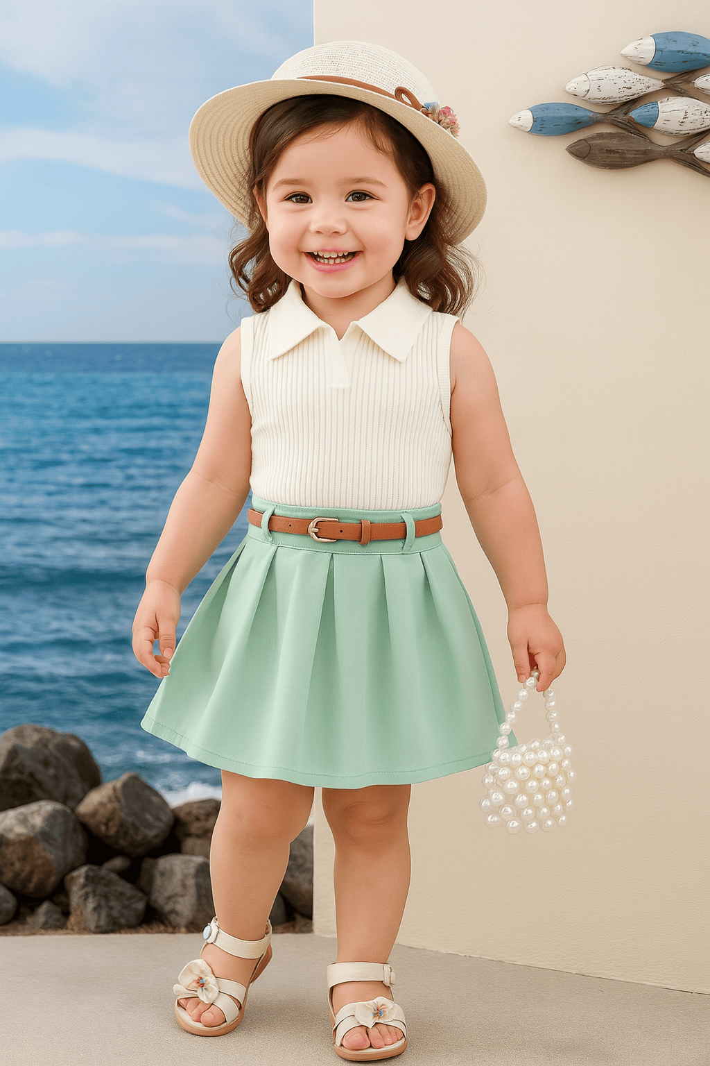 Ribbed Lapel Vest Top and Pleated Skirt Set