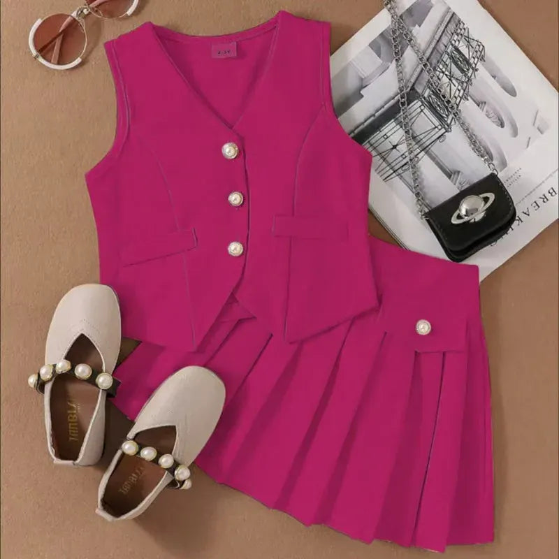 Rose red / 3T Sleeveless Button Vest and Pleated Skirt Outfit