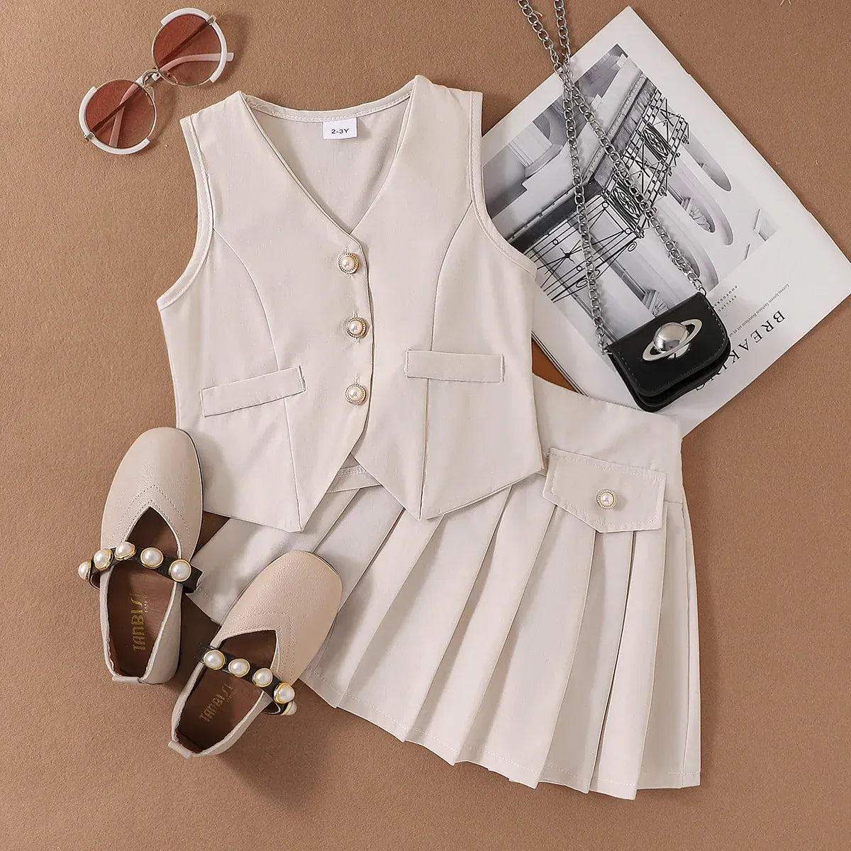 Ivory / 3T Sleeveless Button Vest and Pleated Skirt Outfit
