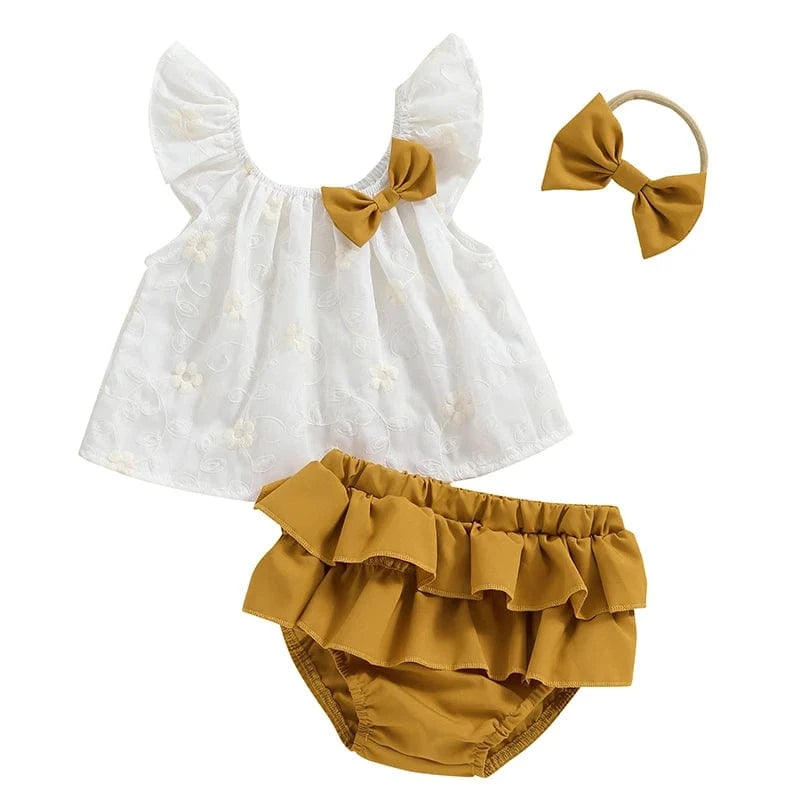 Khaki / 0-3M Sleeveless Floral Top and Ruffle Shorts Set