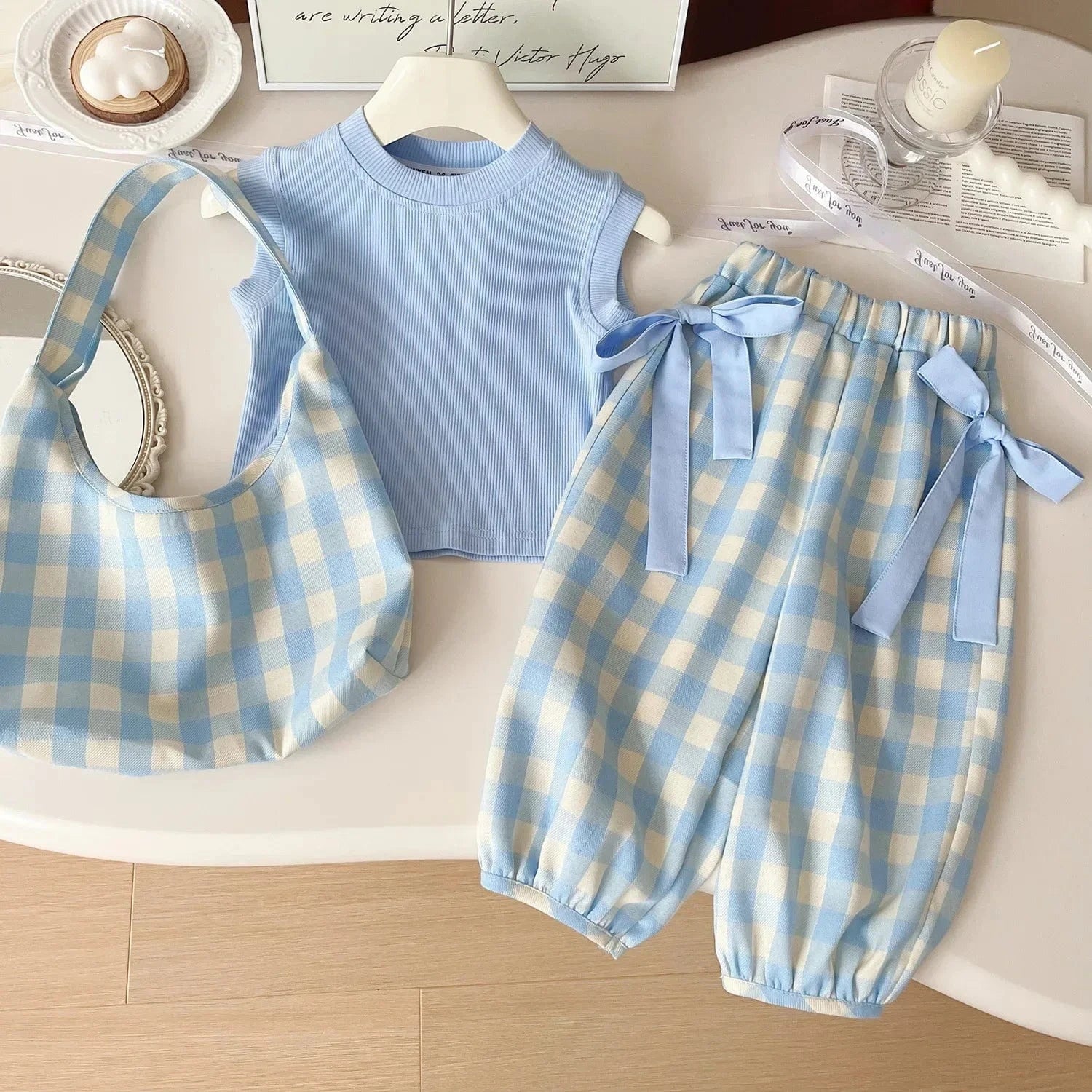 Sky Blue / 2T Sleeveless Ribbed Top and Plaid Pants Set