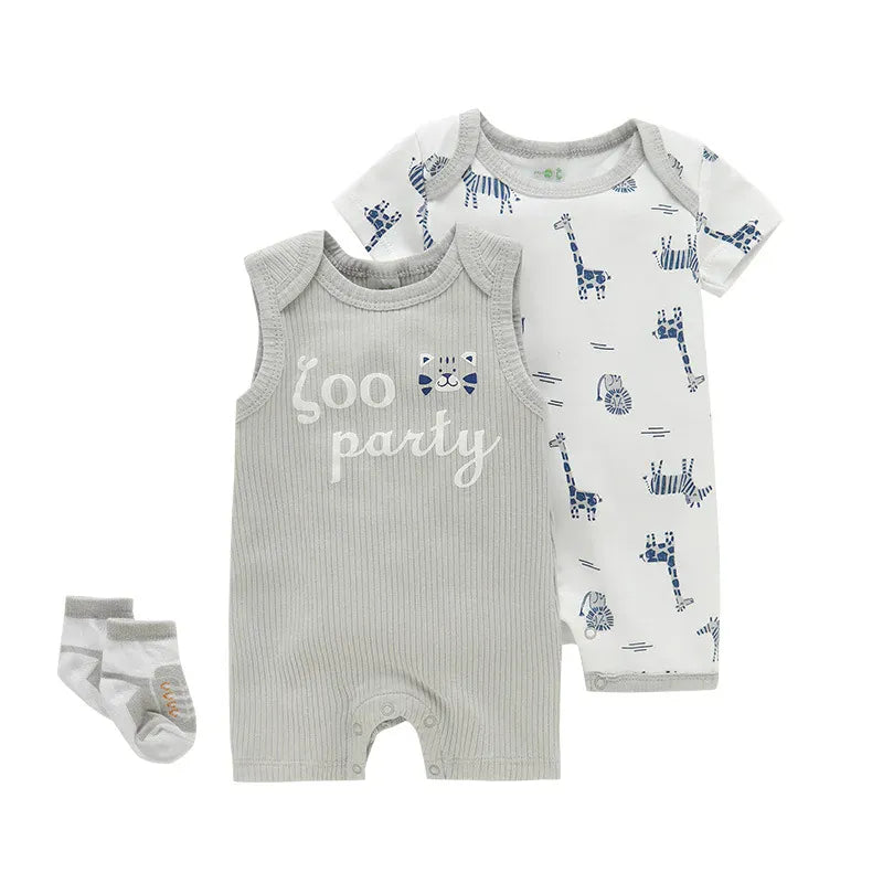 Grey Giraffe & White Elephant Print Set / 3M Sleeveless & Short Sleeve Bodysuits with Socks