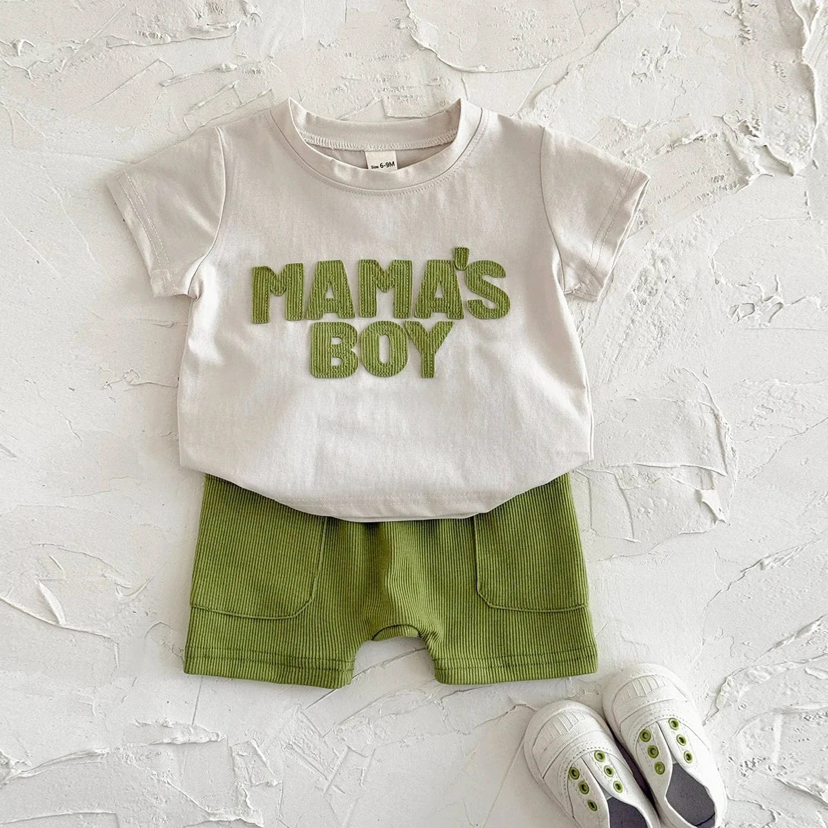 Green / 6-9M Textured Letter Patch Shirt & Shorts Set