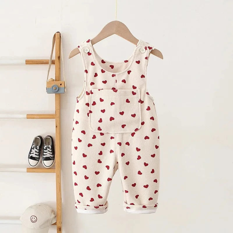 Beige Overprint Heart / 12M Toddler Corduroy Heart Overalls
