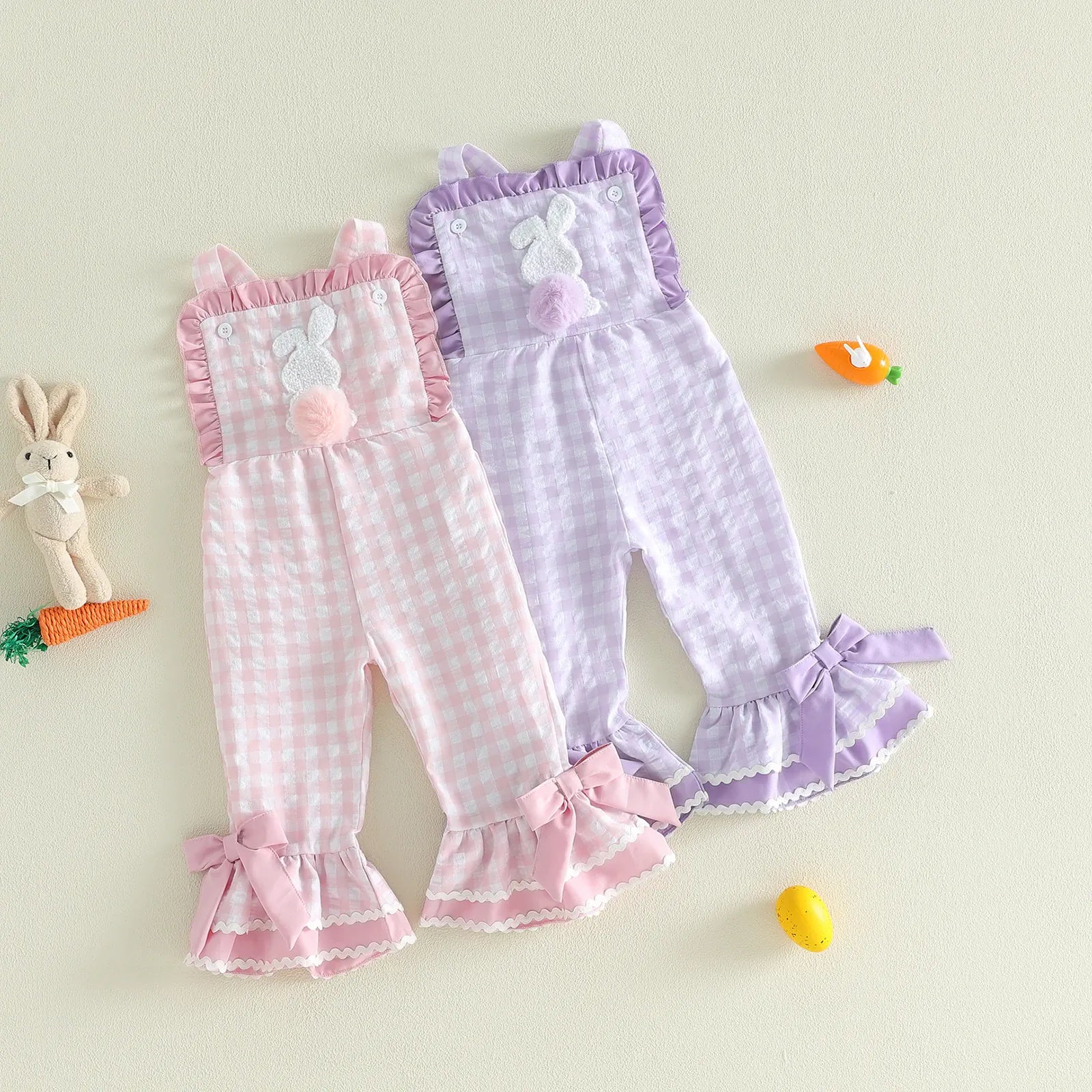 Toddler Girl Bunny Ruffle Bell-Bottom Plaid Romper Jumpsuit