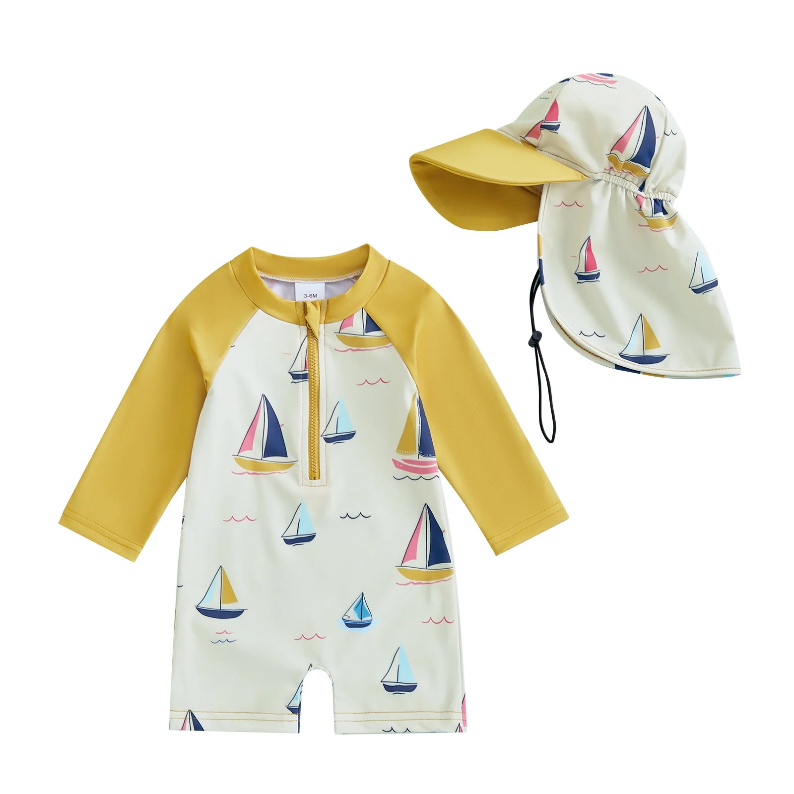 Yellow / 0-3M Toddler Sailboat Swimsuit with Sun Hat