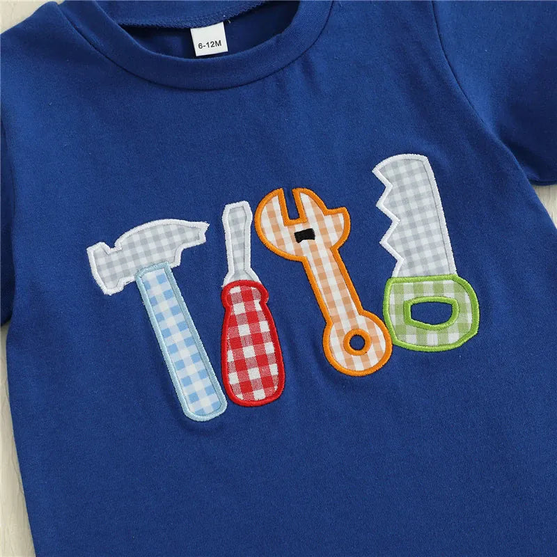 Tool Embroidery T-Shirt & Plaid Shorts Set