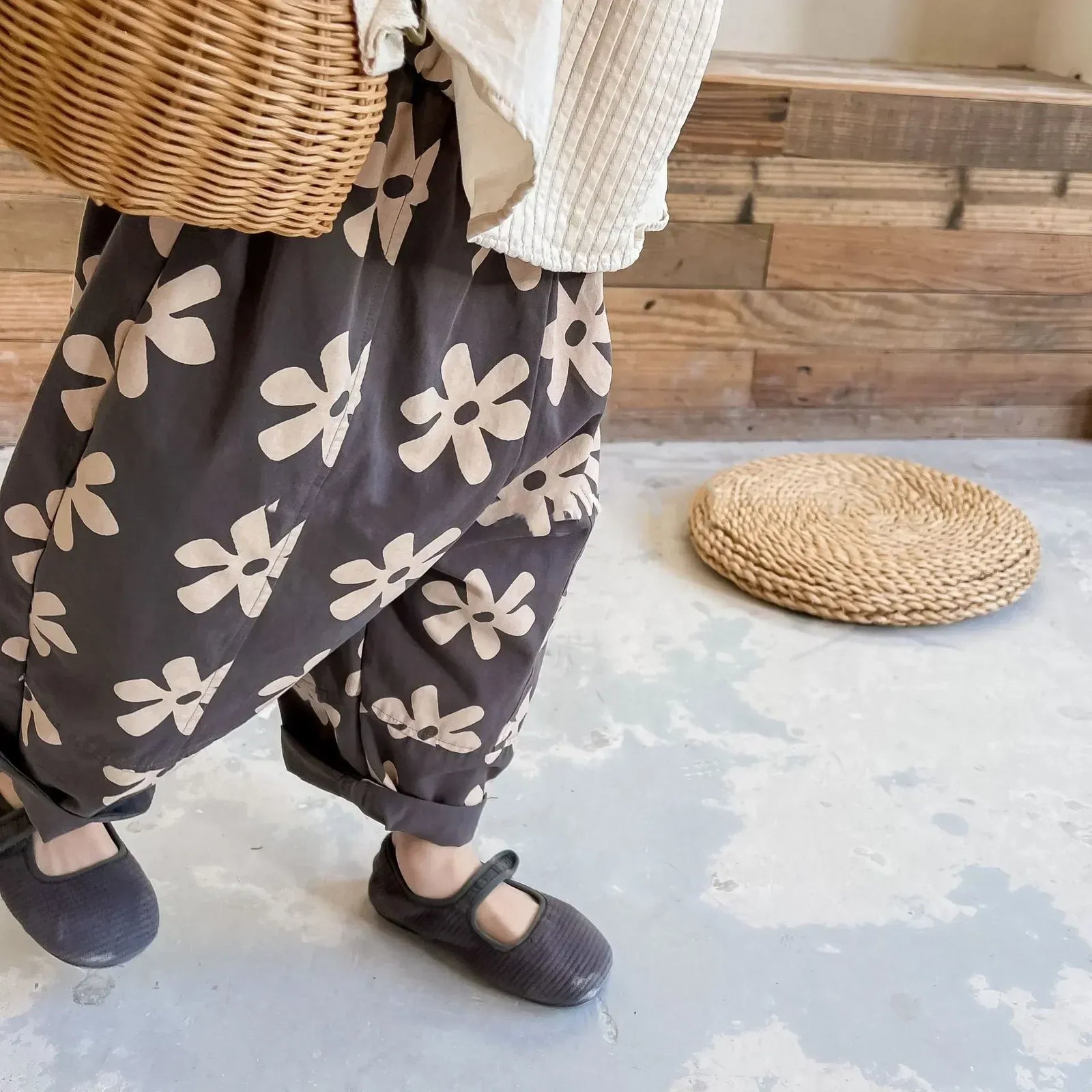 Unisex Flower Print Washed Cotton Harem Pants