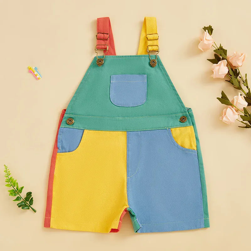 Vibrant Contrast Color Toddler Overalls Shorts