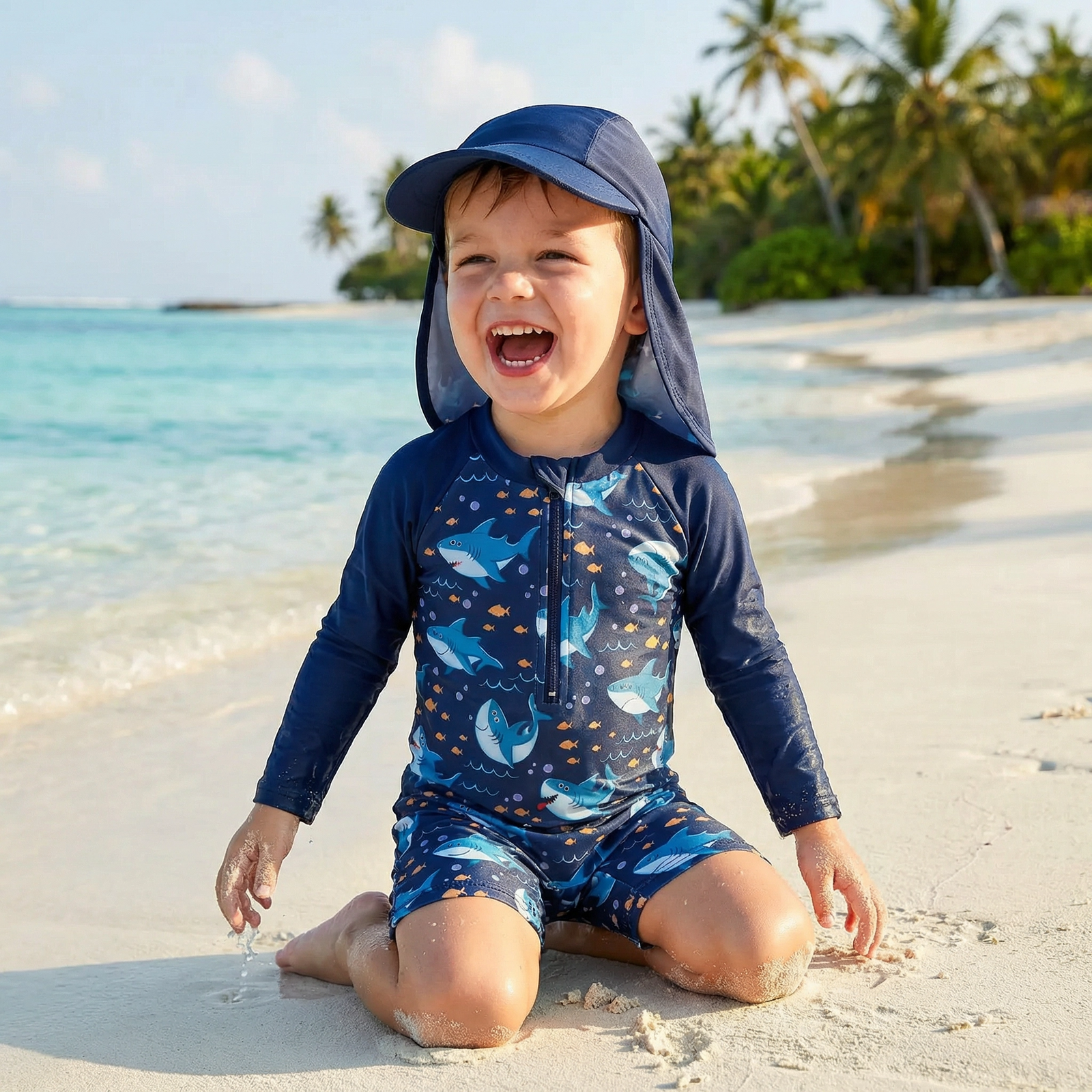 Baby Boy Rash Guard Swimsuit with Swim Cap