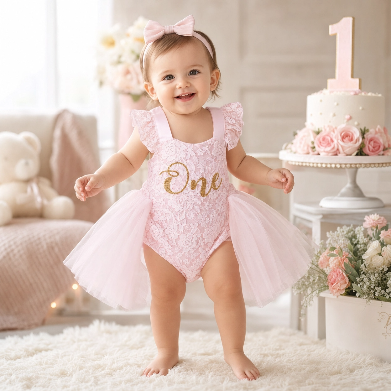Baby Girls Birthday Floral Lace Romper Dress