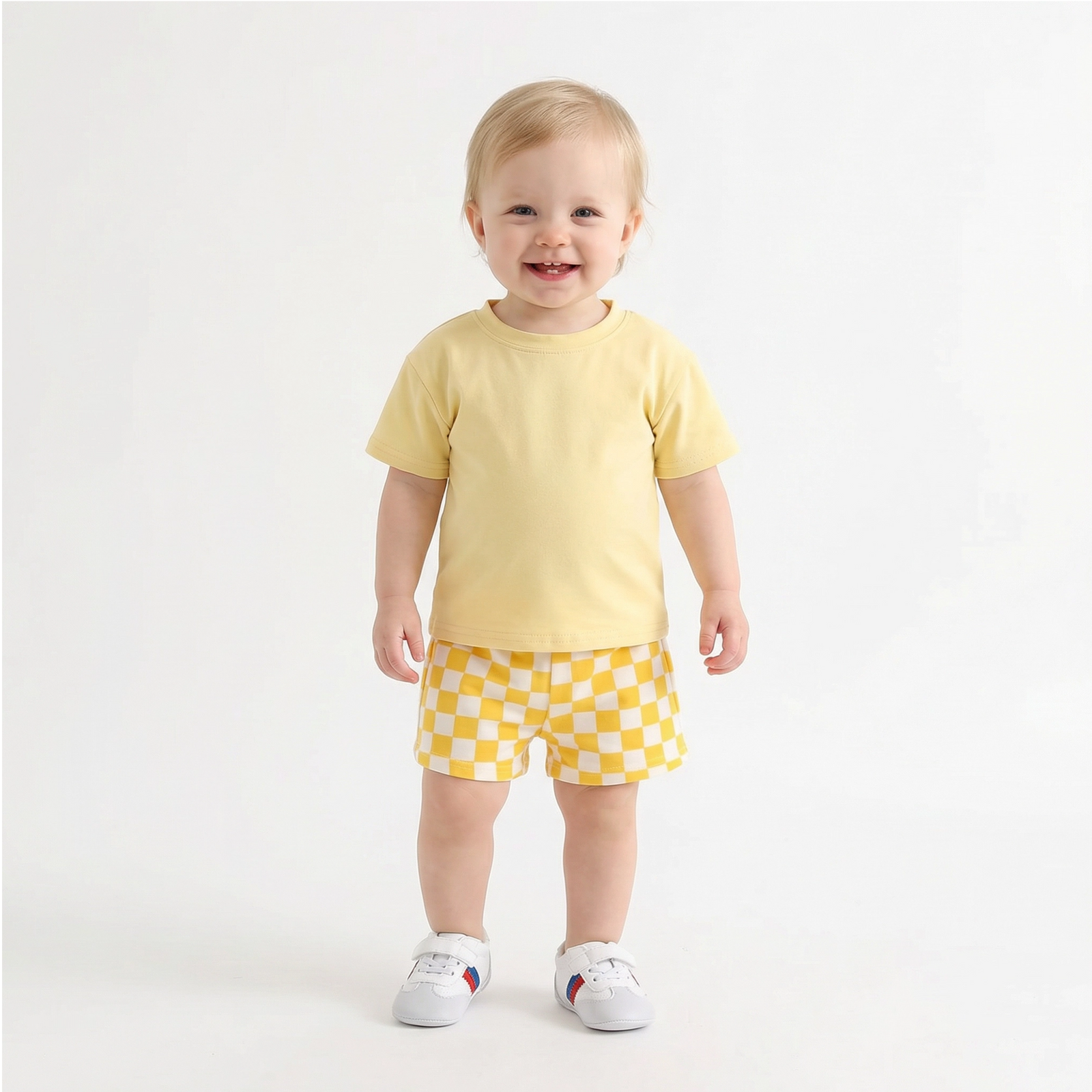 Unisex Solid T-shirt & Plaid Shorts Set