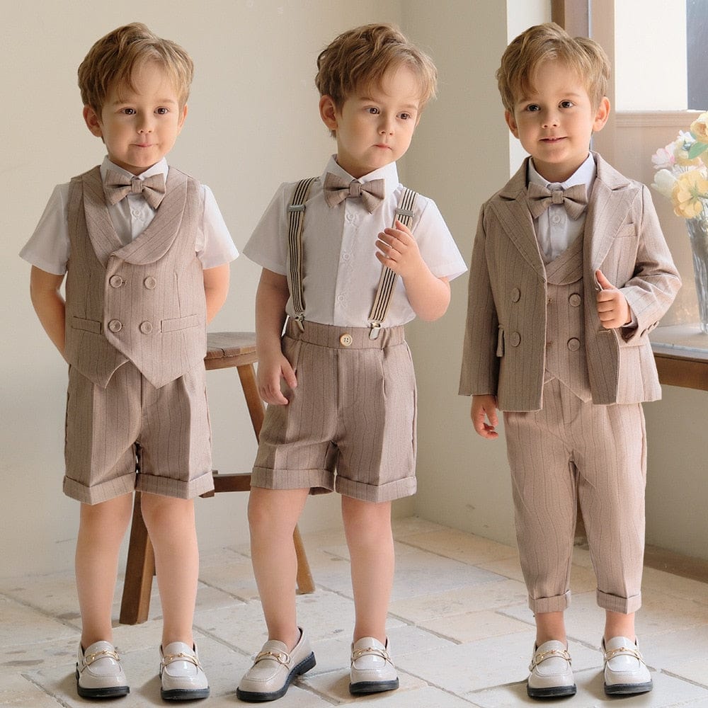Khaki Striped Suit Set Boy's Suspenders