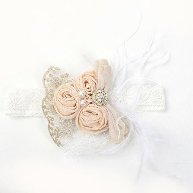 khaki 12Pcs/Lot Chiffon Flower Pearl Baby Headband