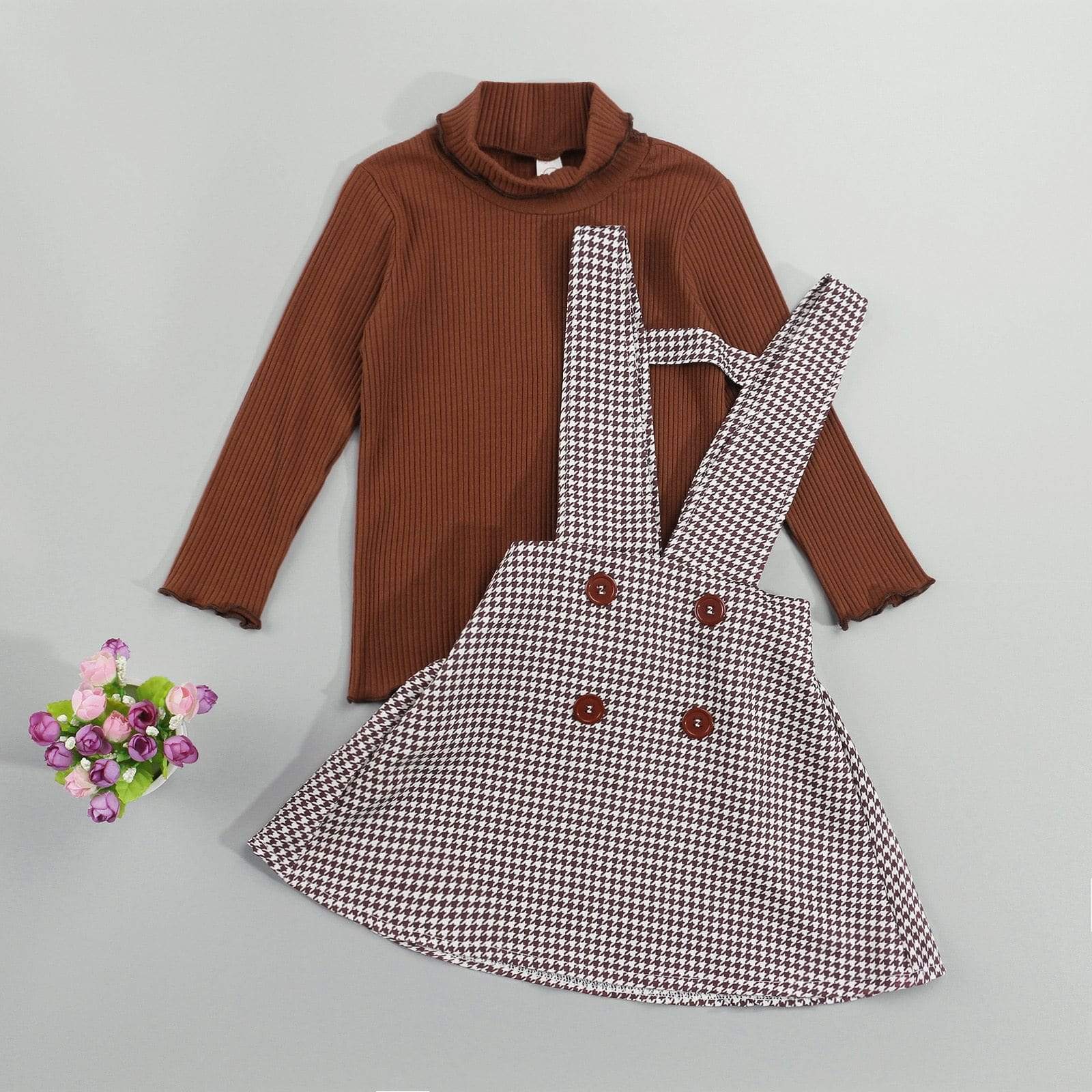Girl's Clothing 2 Pieces Suit Solid Turtleneck Tops+Plaid Suspender Skirt