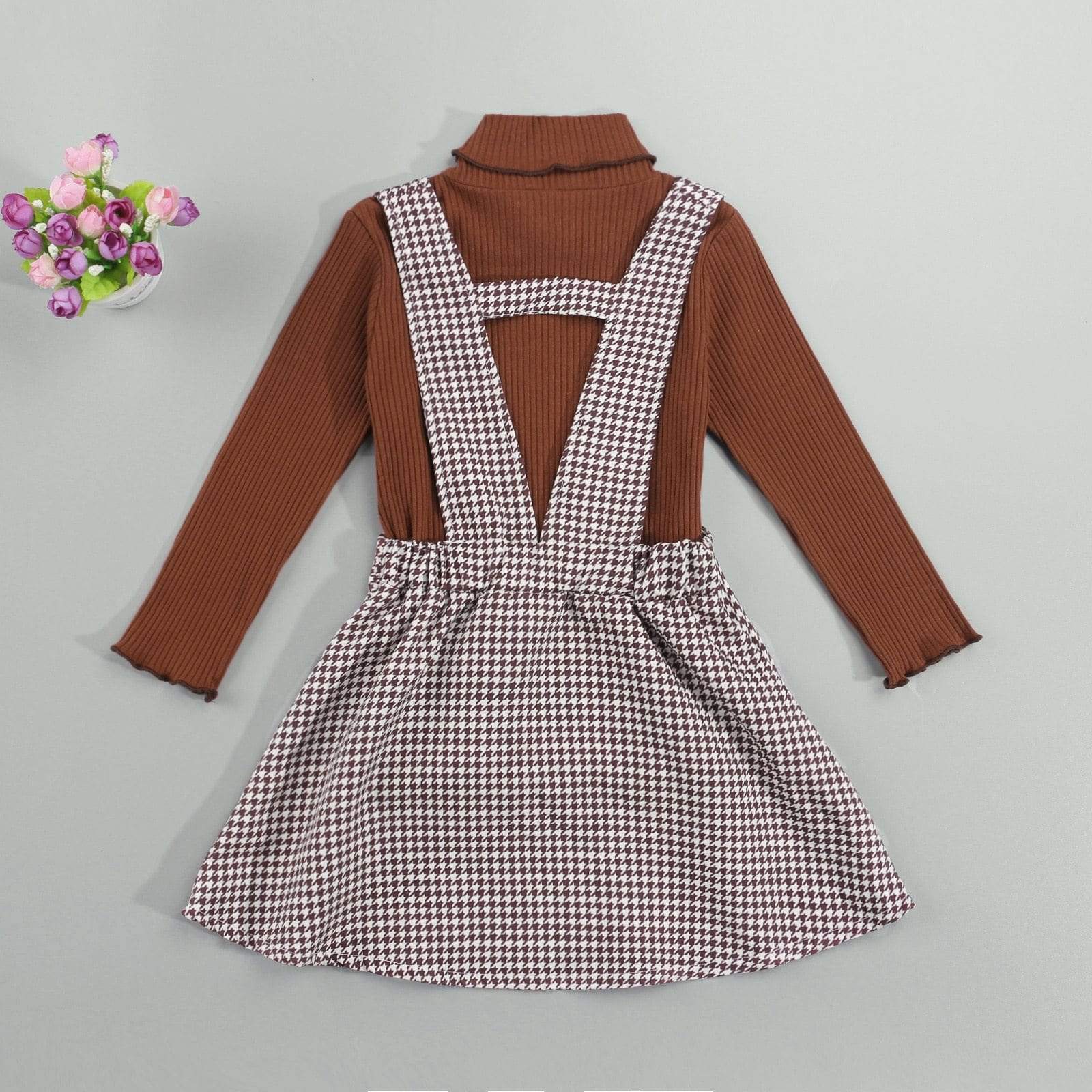 Girl's Clothing 2 Pieces Suit Solid Turtleneck Tops+Plaid Suspender Skirt