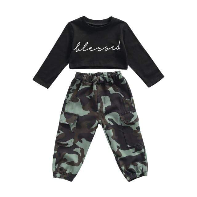black / 2T 2pcs Letter Printed Long Sleeve Pullover Tops Camouflage Pants