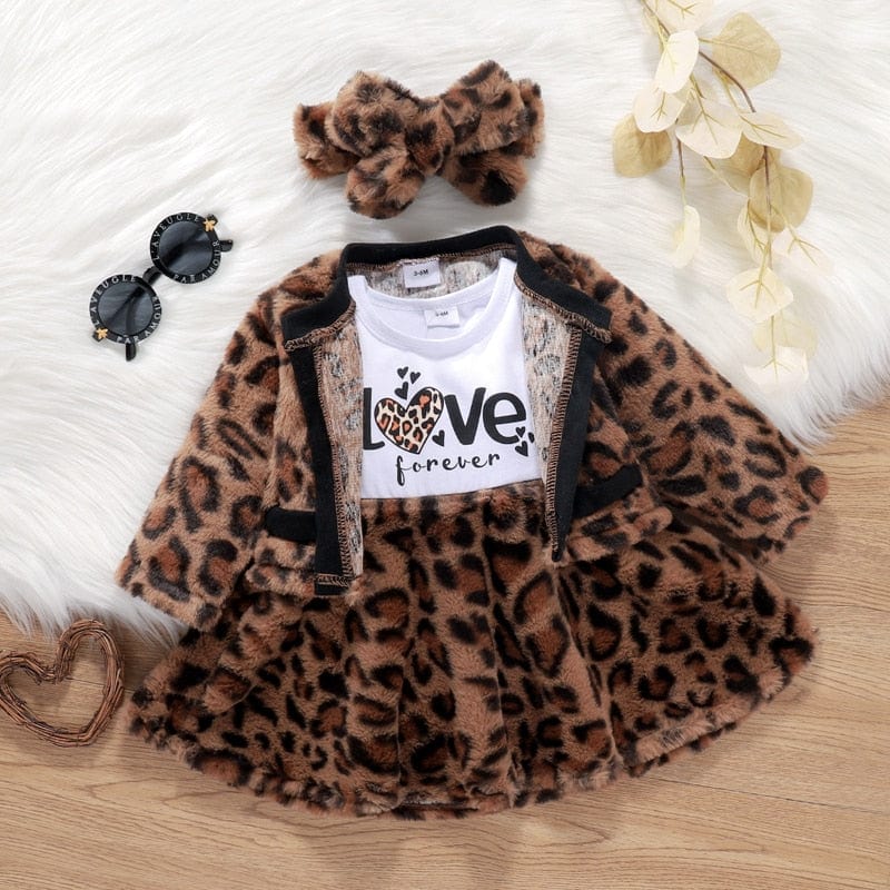 3pcs Leopard Fur Long Sleeve Dress