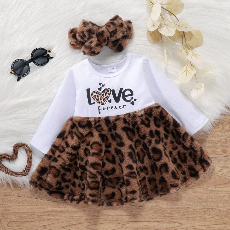 3pcs Leopard Fur Long Sleeve Dress