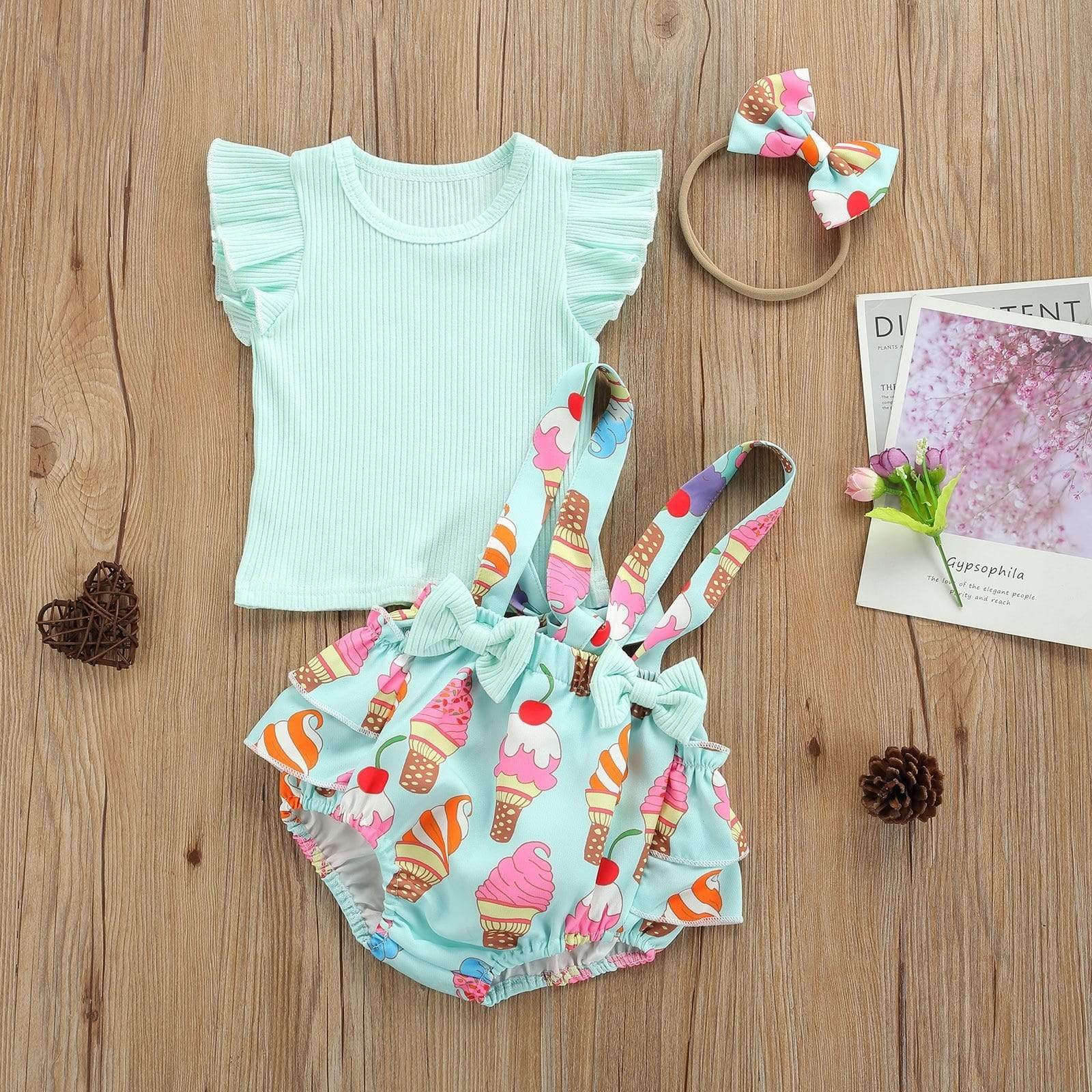 Girl's Clothing 3pcs Ruffles Short Sleeve Printed