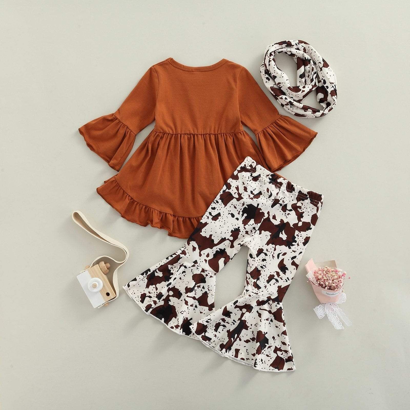 Girl's Clothing A-Lined Tops Wide-Leg Dye Printed Casual Trousers + Scarf