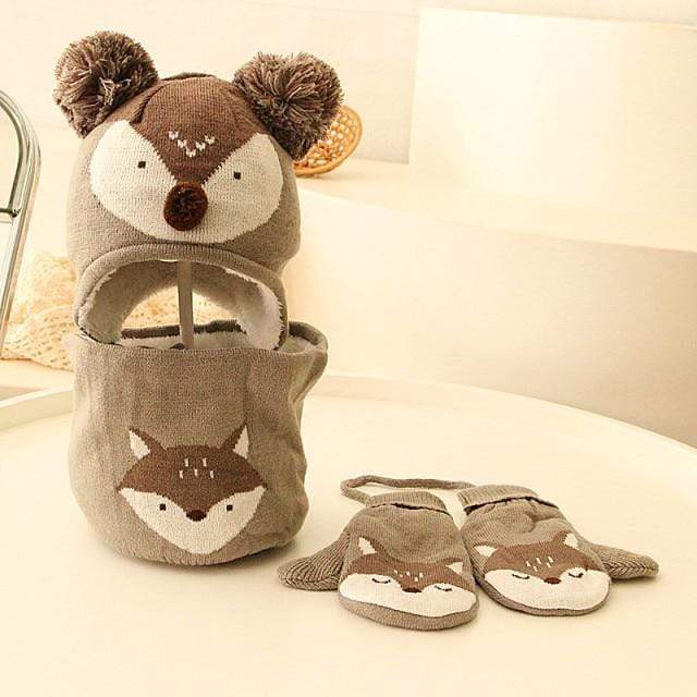 gray Boys Mittens Hat Scarf Animal Printed Beanie Cap