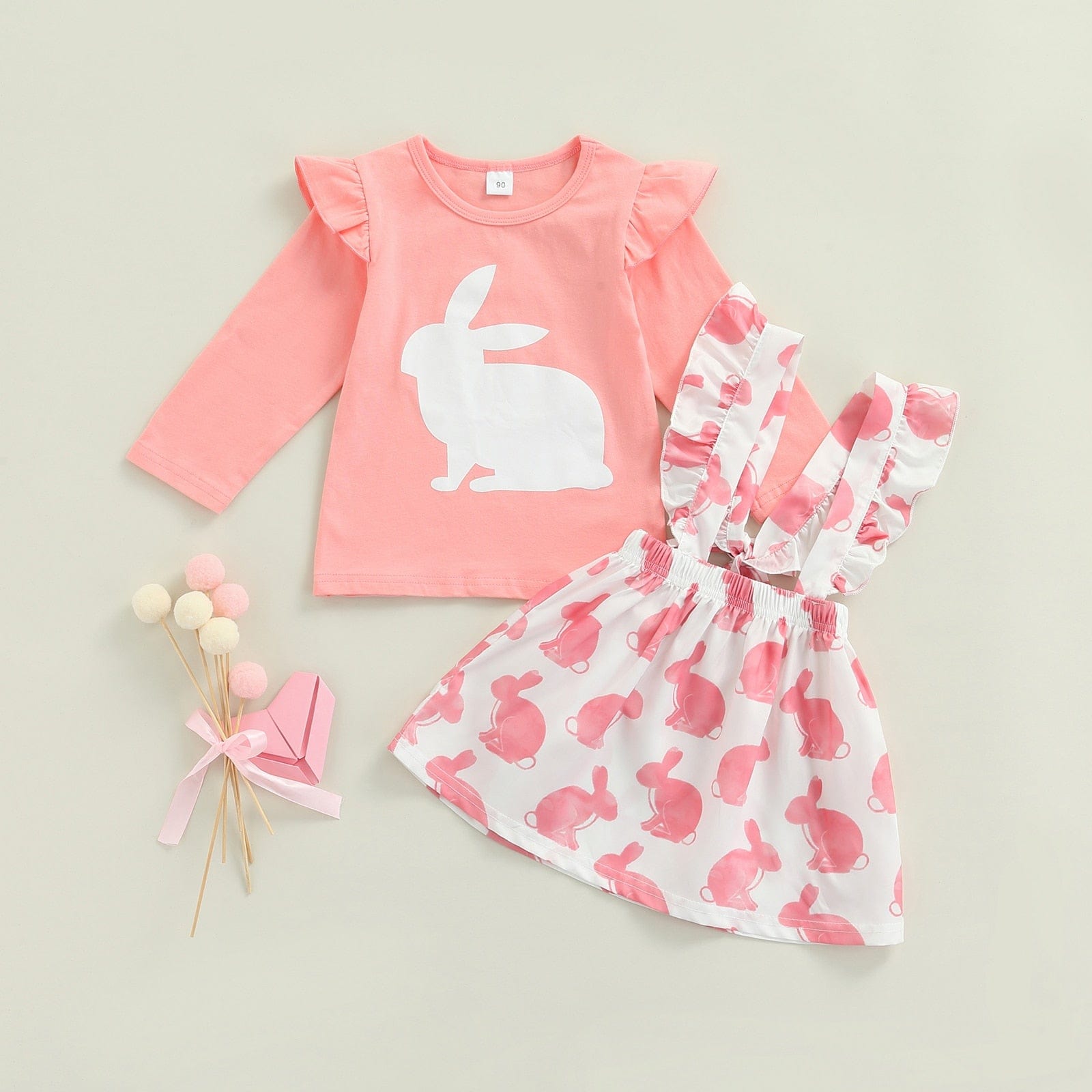 Bunny Printing Long Sleeve Tops + Suspender Skirt