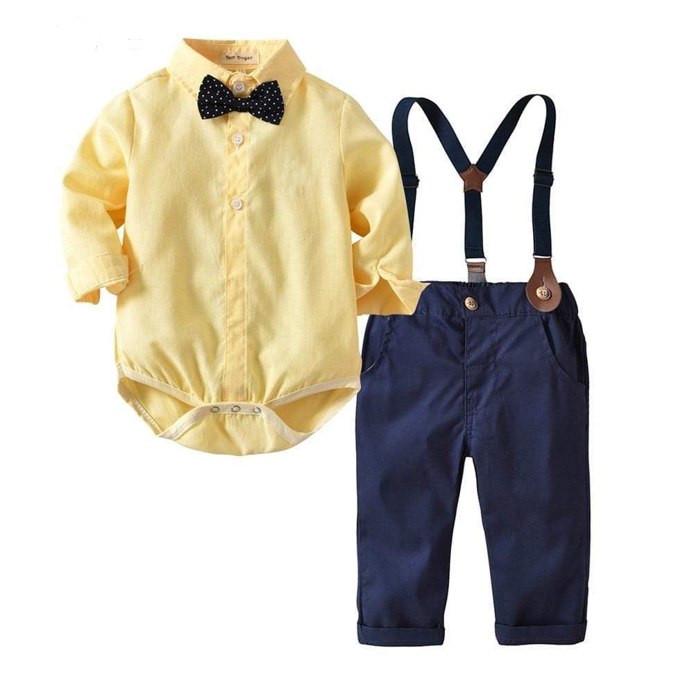 Boy's Clothing Cotton Yellow Tie Shirts+Overalls 2PCS