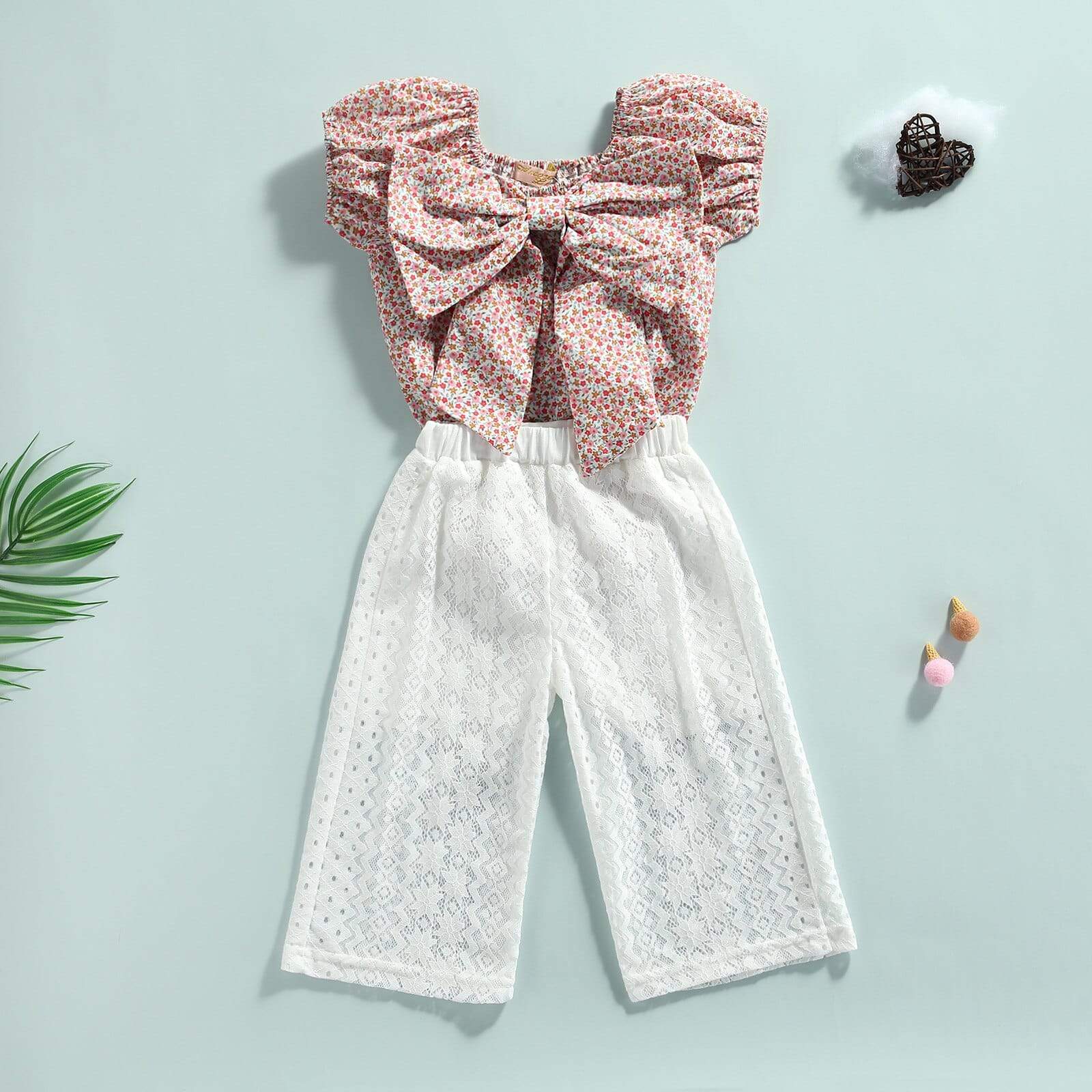 Floral Printed Big Bowknot T Shirts Tops Lace Long Pants