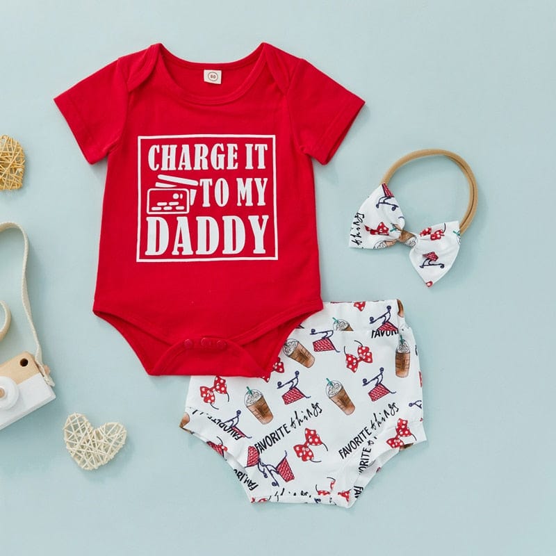 Letter Short Sleeve Romper+Cartoon Printed Shorts Headband