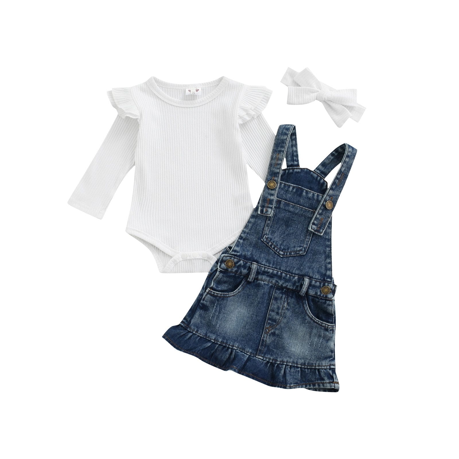 Long Sleeve O-neck Ribbed Romper with Ruffles+Short Denim Suspender Skirt