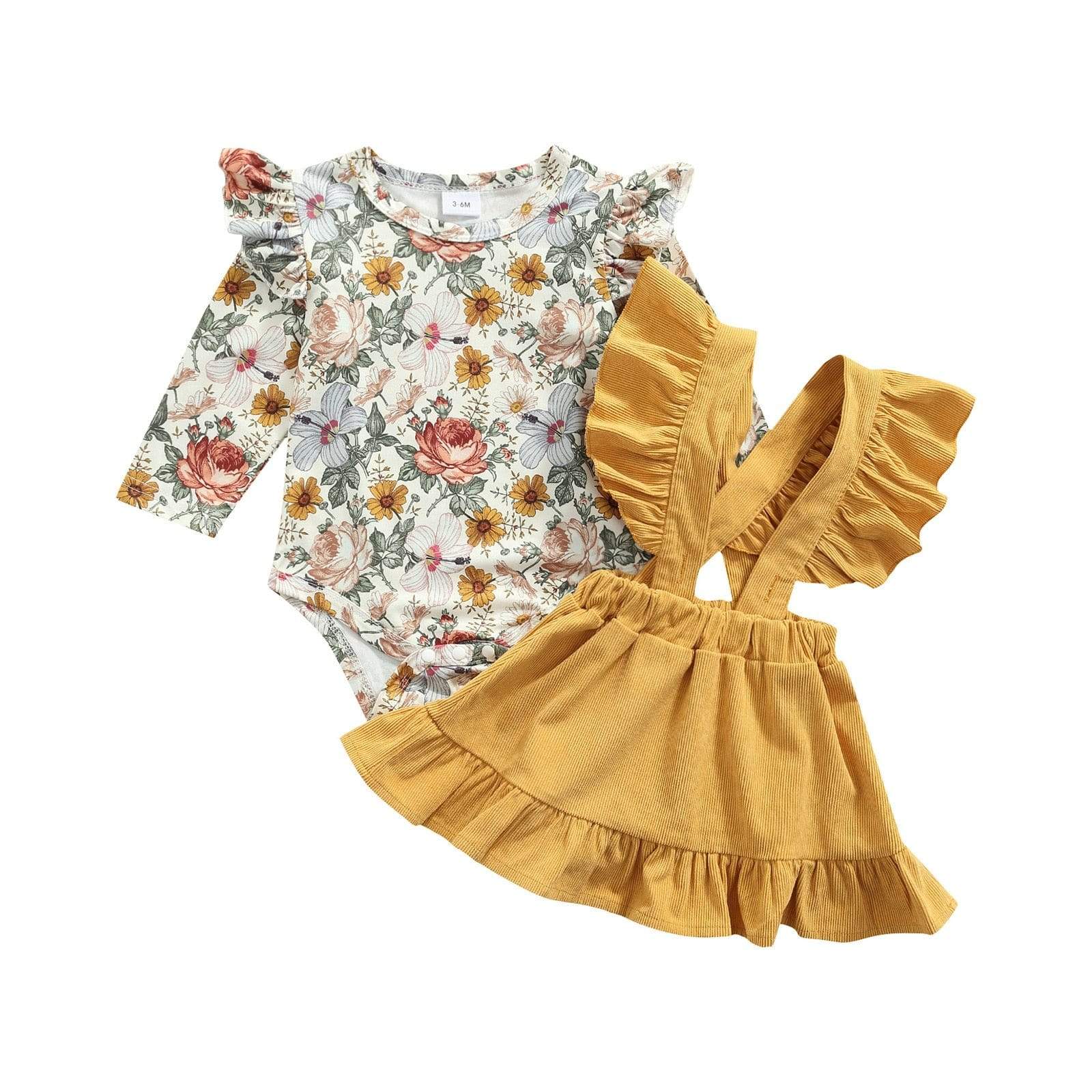 Long Sleeve Romper and Solid Color Suspender Skirt