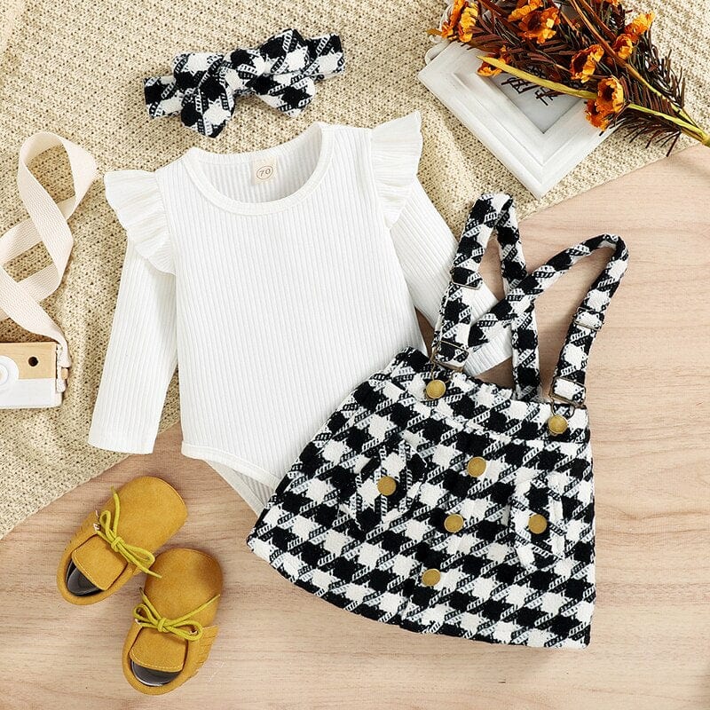 Long Sleeve Ruffled Romper + Plaid Print Suspender Skirt