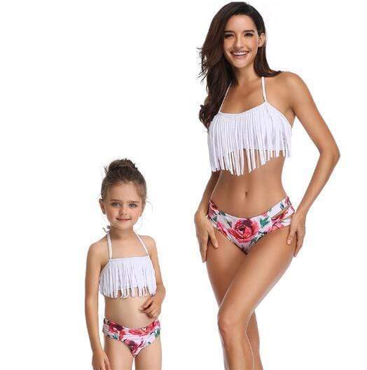 Family Matching Clothes Whhite / Women S Mother Daughter Tassel Swimming Suit
