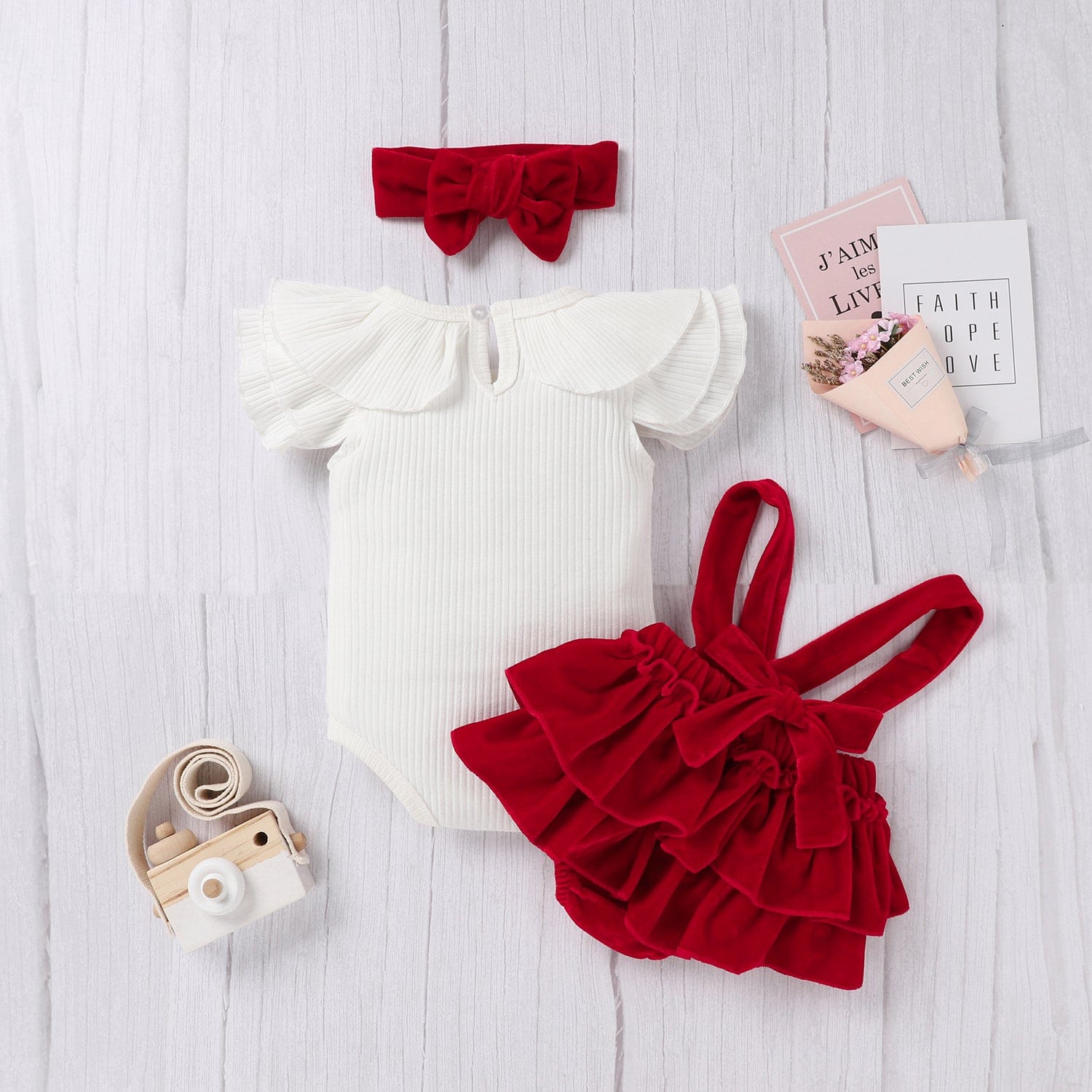 Ruffle Short Sleeve Knitted Romper+Velvet Suspender Layered Skirt