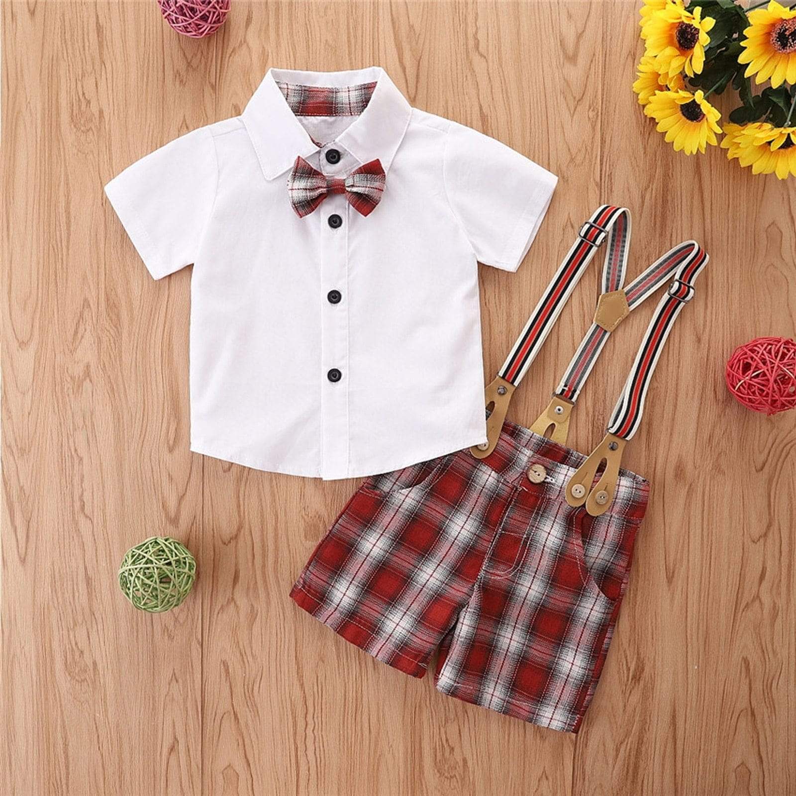 Boy's Clothing Short Sleeve Lapel Bowknot Shirt Top+Plaid Suspender