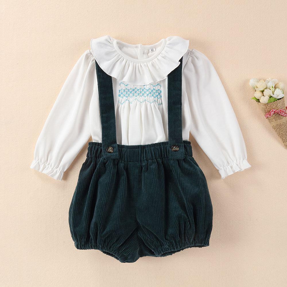 Smocked White Shirt and Velvet Pants