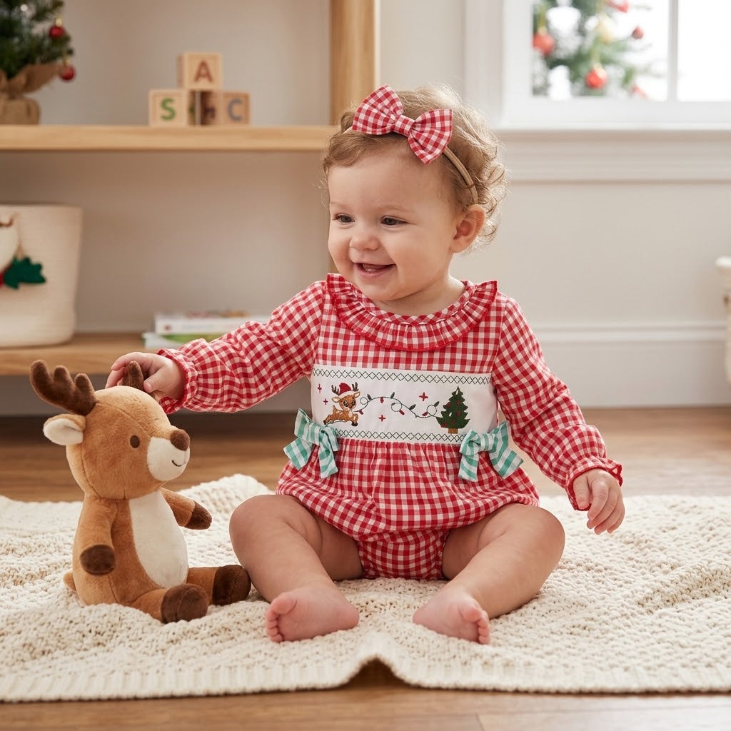 Baby Girl Christmas Gingham Romper & Bow Headband Set