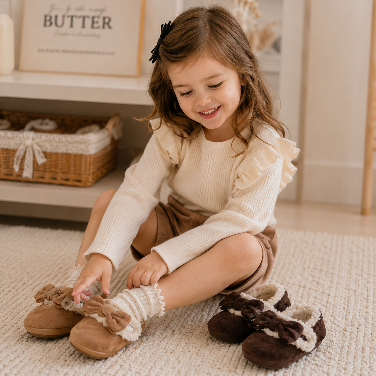 Retro Bow Plush Fur Children's Flats - Warm Fluffy Kids Casual Shoes