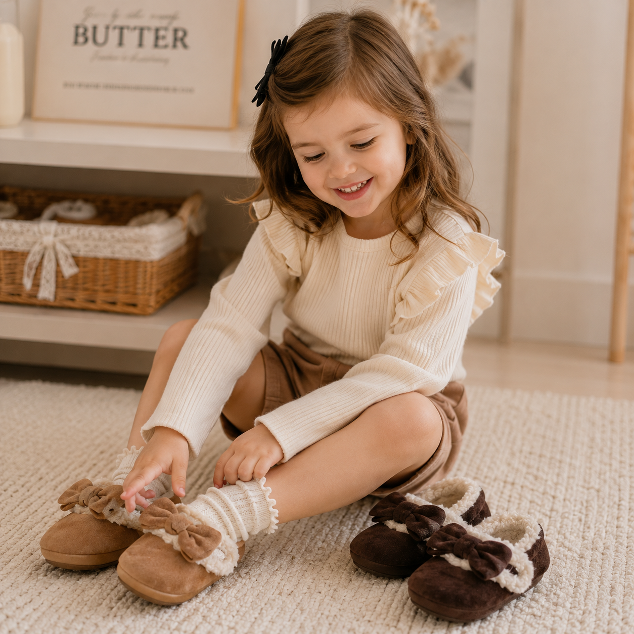 Retro Bow Plush Fur Children's Flats - Warm Fluffy Kids Casual Shoes