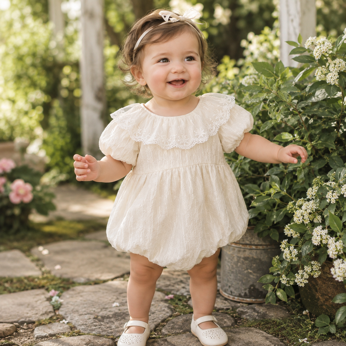 Baby Girl Lace Collar Bodysuit - Embroidered Short Sleeve One Piece