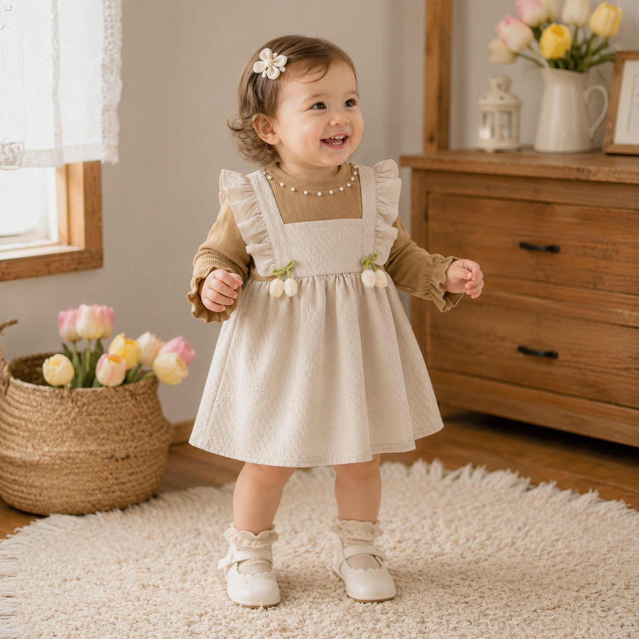 Girl Flower Print Bow Knit Dress - Soft & Long Sleeved