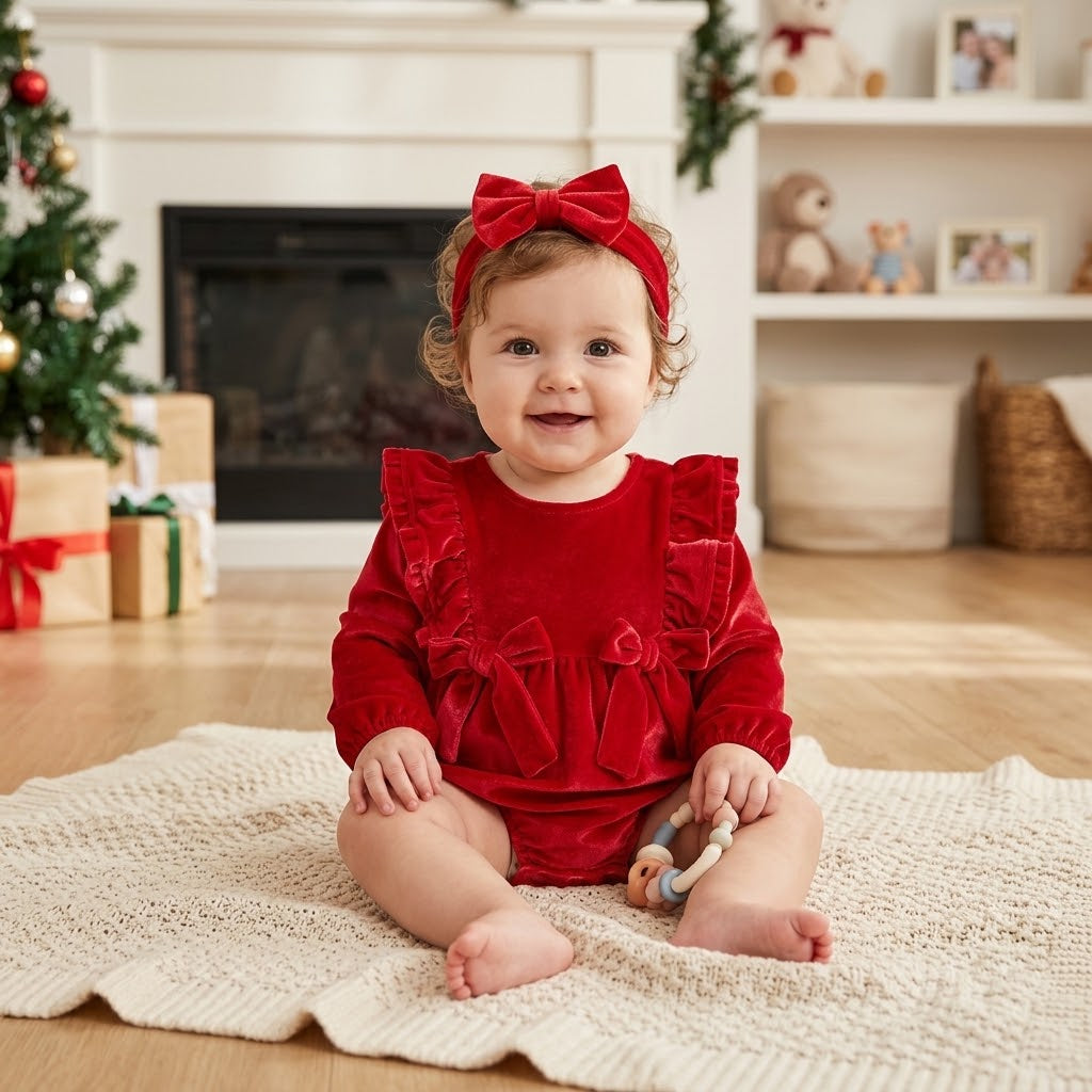 Baby Girl Ruffle Bow Romper & Headband Set