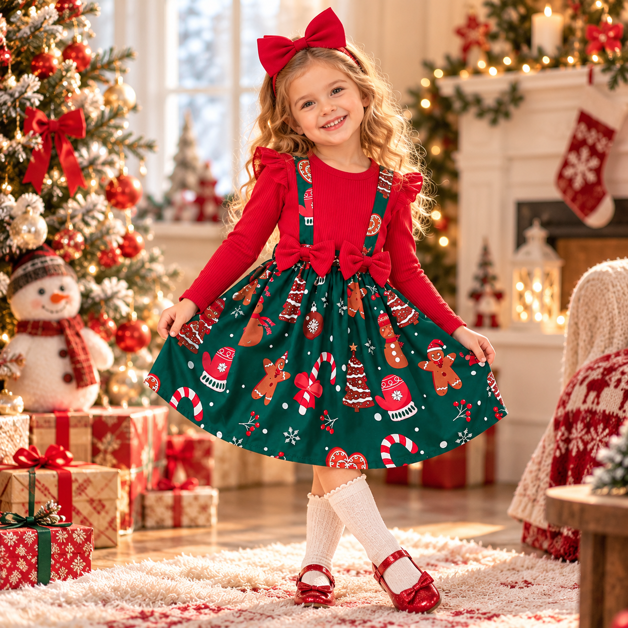 Girls Christmas Print Ruffle Dress