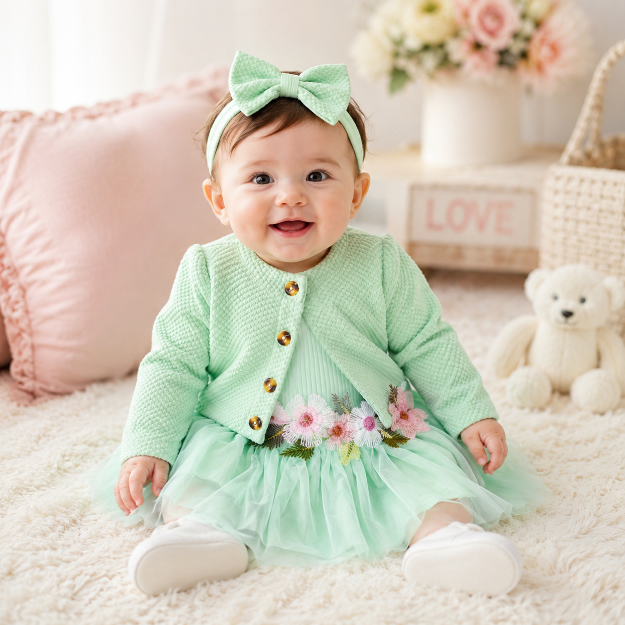 Baby Girl Fall Outfit - Floral Tulle Dress & Cardigan Set